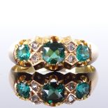 A Victorian 15ct gold 7-stone emerald and diamond half hoop ring, maker's marks NBs, hallmarks