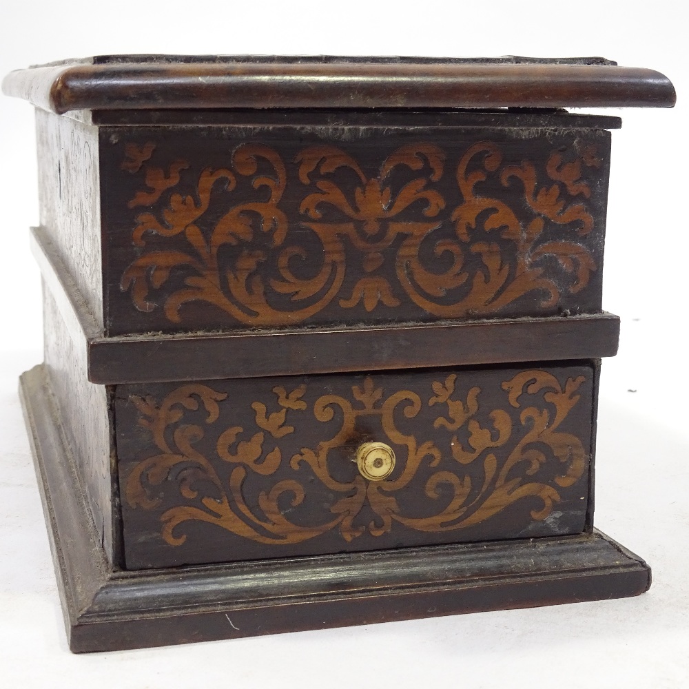 An 18th century walnut and marquetry inlaid box, with hinged lid and end drawer with turned ivory - Image 8 of 9