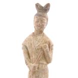 A Chinese Han dynasty unglazed terracotta standing figure, height 38cm