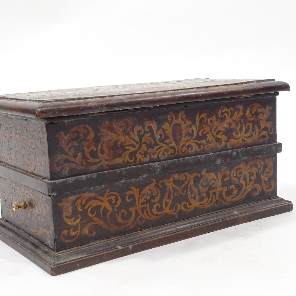An 18th century walnut and marquetry inlaid box, with hinged lid and end drawer with turned ivory - Image 2 of 9