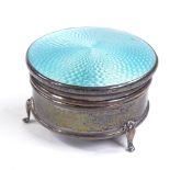 An Art Deco silver and turquoise enamel jewel box, engine turned hinged lid with velvet interior, by