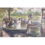 Watercolour, impressionist boating scene, unsigned, 5" x 7.5", framed Very good condition