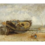 19th century oil on canvas, boat at low tide, unsigned, 6" x 8", framed No canvas damage or repairs,