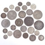 A collection of British silver coins, 17th - 20th century, also 3 George III Irish Bank tokens