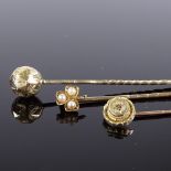 3 gold stick pins, including 15ct rose-cut diamond pin, split-pearl 3-leaf clover pin etc, 3.1g