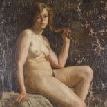 Early 20th century oil on canvas, female nude, unsigned, 36" x 25", unframed Re-lined with extensive