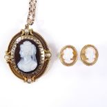 A Victorian relief carved hardstone cameo pendant/brooch, depicting female bust, in pierced split-