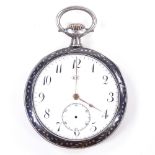 A silver niello-cased open-face top-wind pocket watch, maker's marks BM, white enamel dial with Deco