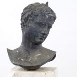 A hollow-cast patinated bronze bust of a man, unsigned, probably early 20th, on marble base, overall