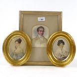 3 various 19th century watercolour portraits, all unsigned, 5" x 3.5", framed Perfect condition