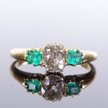 An 18ct gold 3-stone emerald and diamond ring, total diamond content approx 0.6ct, diamond measures: