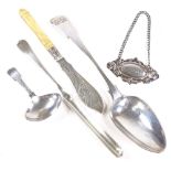 Various silver, including long marrow scoop, tablespoon, Georgian caddy spoon etc, 3oz weighable (5)