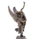 A modern bronze sculpture, angel carrying a Classical figure, unsigned, on marble base, height 28cm