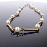 A Vintage 9ct gold bar link and pearl spacer necklace, necklace length 50cm, 14.7g Very good