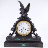 A Victorian slate-cased mantel clock, surmounted by bronze eagle and vine leaves, by Gowland of