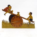 An Asprey seesaw design nursery clock, circa 1920s, painted wood case with brass 8-day movement,