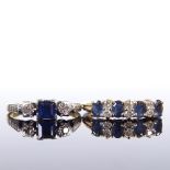 An 18ct gold 3-stone sapphire and diamond ring, setting height 4.6mm, size M, 2.4g, and a 9ct gold