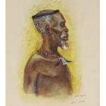 Simoni Mnguni (1885 - 1956), watercolour, Zulu, signed, 12" x 9", framed Several very faint fox