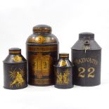 4 19th century metal tea canisters with painted and gilded decoration, largest decorated with