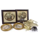 A Victorian brass desk stand, a set of brass bucket weights, pewter cruet items, and 19th century