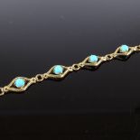 A 9ct gold cabochon turquoise panel bracelet, openwork eye style settings, bracelet length 18cm, 7.