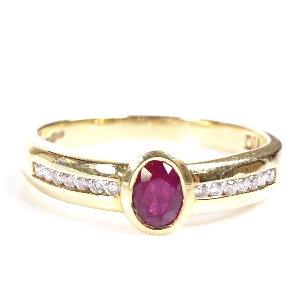 An 18ct gold ruby and diamond band ring, channel set diamond shoulders, setting height 6.2mm, size - Image 3 of 4