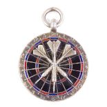 An unmarked silver and enamel dartboard pendant, with 3 relief darts, diameter 26mm, 8.7g Good
