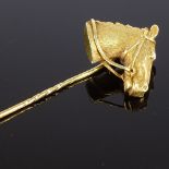 A 14ct gold figural horsehead racing stick pin, realistically formed, overall length 65.1mm, 5.6g