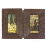 Pair of late 19th/early 20th century miniature oils on wood panels, Continental landscapes,