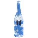 Style of Rene Magritte, painted bottle depicting 2 men in the sky conversing, height 11.5", in oak