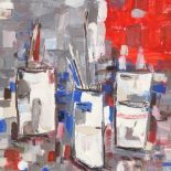 Lyne, oil on board, abstract cityscape, signed, 12.5" x 19.5", and oil on board, artist's brushes,