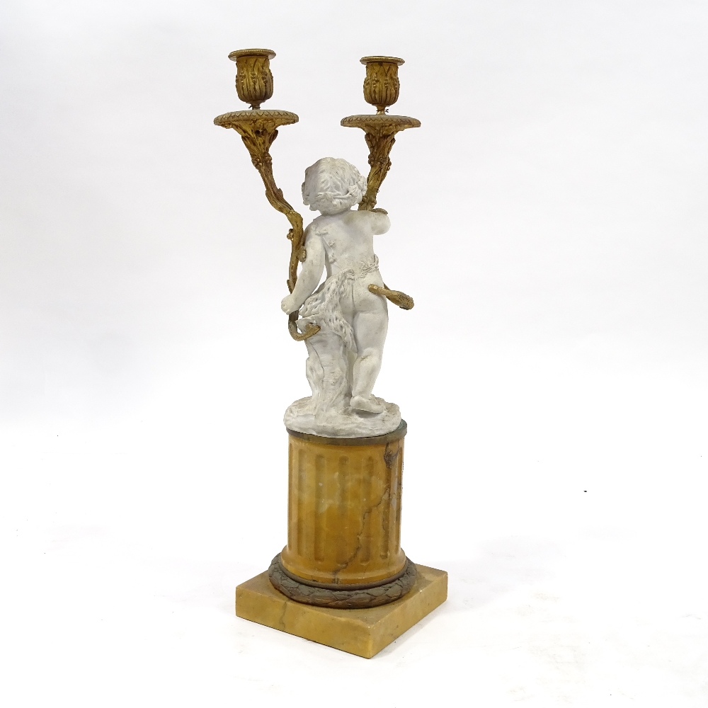 A 19th century bisque porcelain and ormolu-mounted twin-branch candelabrum on fluted yellow marble - Image 4 of 7
