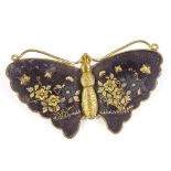 A Japanese Komai brass gold and silver inlaid butterfly brooch, floral inlaid wings, wingspan 66.