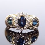 A 9ct gold sapphire and diamond cluster ring, with heart-cut sapphire shoulders, maker's marks H