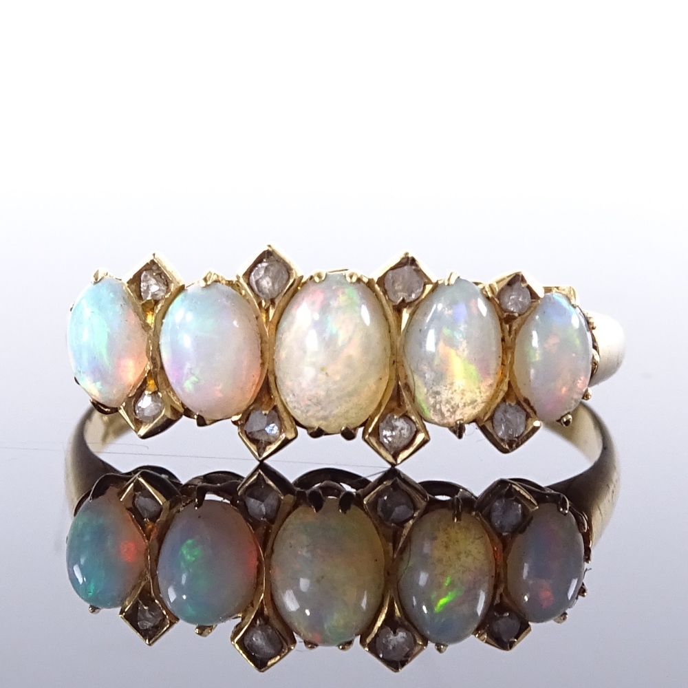 An 18ct gold opal and rose-cut diamond half hoop ring, maker's marks JGG, setting height 6.5mm, size