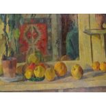 Mid-20th century British School, oil on canvas, still life study fruit on a shelf, unsigned,