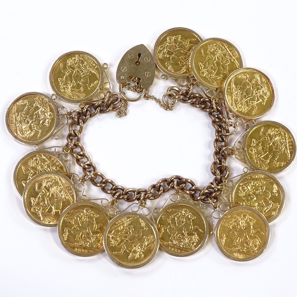 13 gold sovereigns mounted on a 9ct gold charm bracelet, gross weight 144g - Image 2 of 3