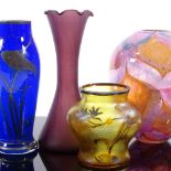 4 various coloured glass vases No chips or cracks, silver painting is lightly rubbed but generally
