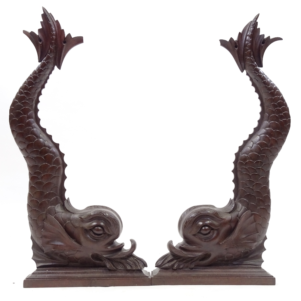 A pair of Victorian relief carved mahogany dolphin design brackets, height 67cm - Image 3 of 3