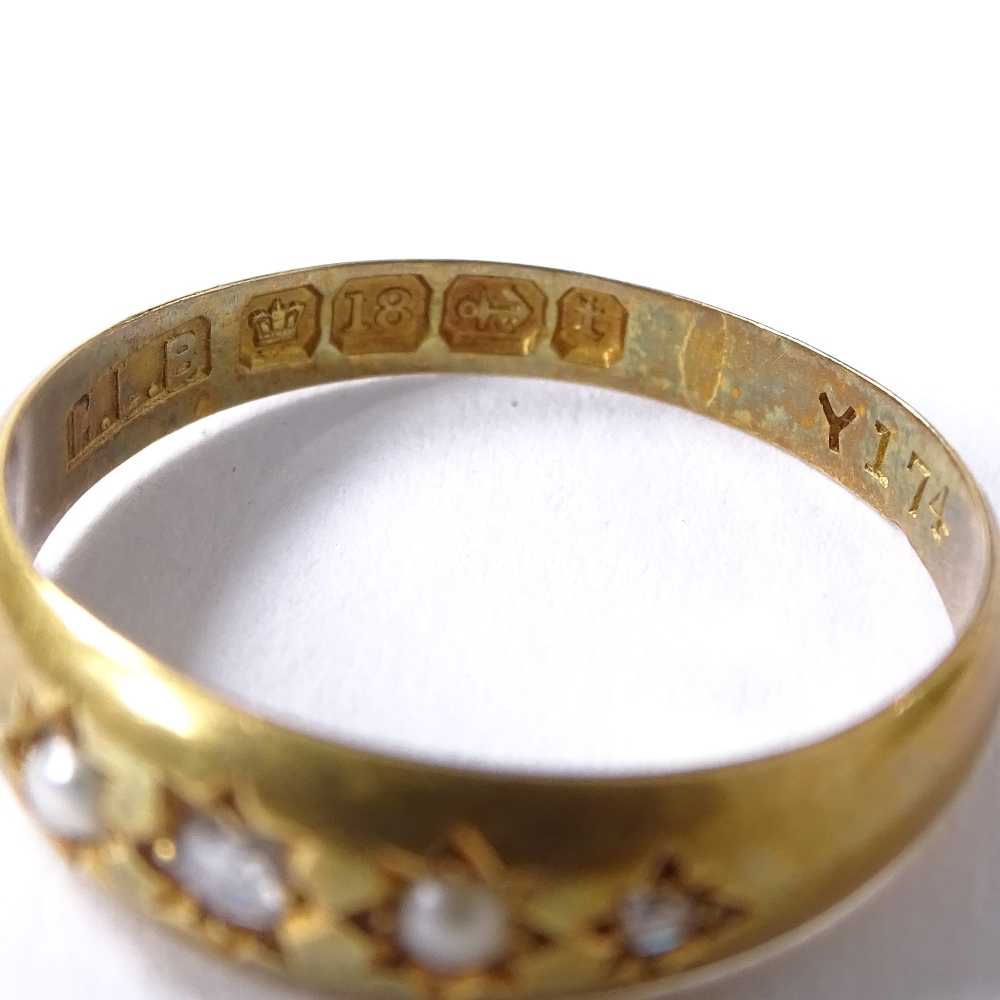 A Victorian 18ct gold 5-stone pearl and rose-cut diamond gypsy ring, maker's marks HLB, hallmarks - Image 3 of 4