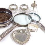 Various silver ware, including wine coaster, magnifying glasses, heart dish, etc Lot sold as seen