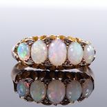 An Edwardian 9ct gold graduated cabochon opal rose-cut diamond half-hoop ring, maker's marks D and