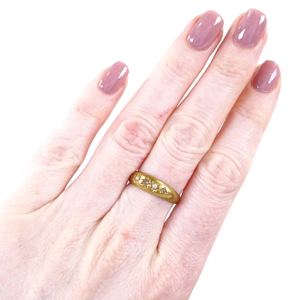 A Victorian 18ct gold 5-stone pearl and rose-cut diamond gypsy ring, maker's marks HLB, hallmarks - Image 4 of 4