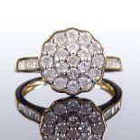 A 9ct gold diamond cluster flowerhead ring, total diamond content approx 1ct, baguette-cut diamond