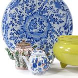 2 Chinese porcelain teapots (one with carved wood lid), a blue and white porcelain bowl, 35cm