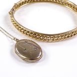 A 15ct gold curb link hinged bangle, 12.2g (A/F), and a 9ct locket and chain, 4.7g (2) Bangle is