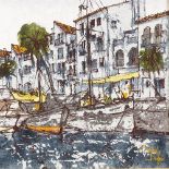 Bernard Dufour, acrylic on board, Continental harbour, signed, 15" x 17.5", framed Very good