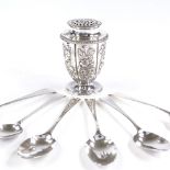 A George IV silver pounce pot, by Edward Barton, hallmarks London 1825, and 6 18th century silver