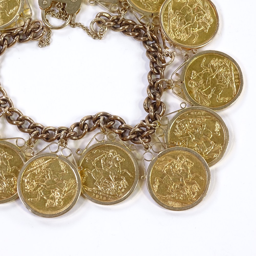 13 gold sovereigns mounted on a 9ct gold charm bracelet, gross weight 144g