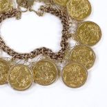 13 gold sovereigns mounted on a 9ct gold charm bracelet, gross weight 144g